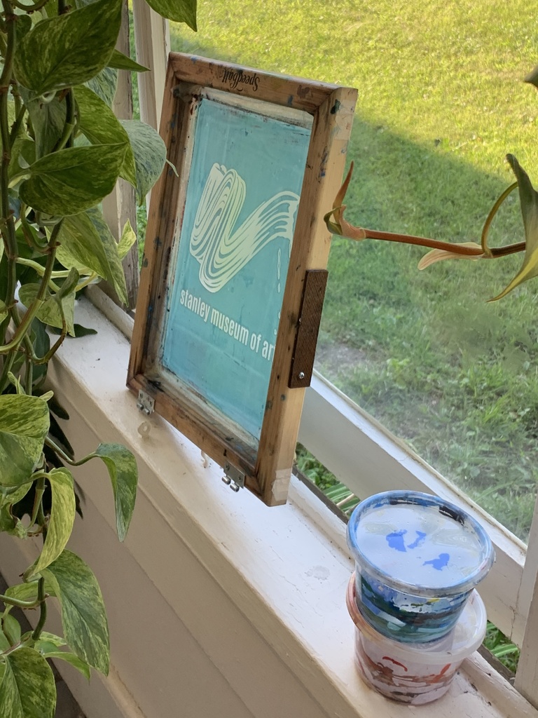 A clean screen rests on a window ledge on a screened in porch. Next to it, on the right, are two plastic containers filled with ink. To the left is a hanging plant.