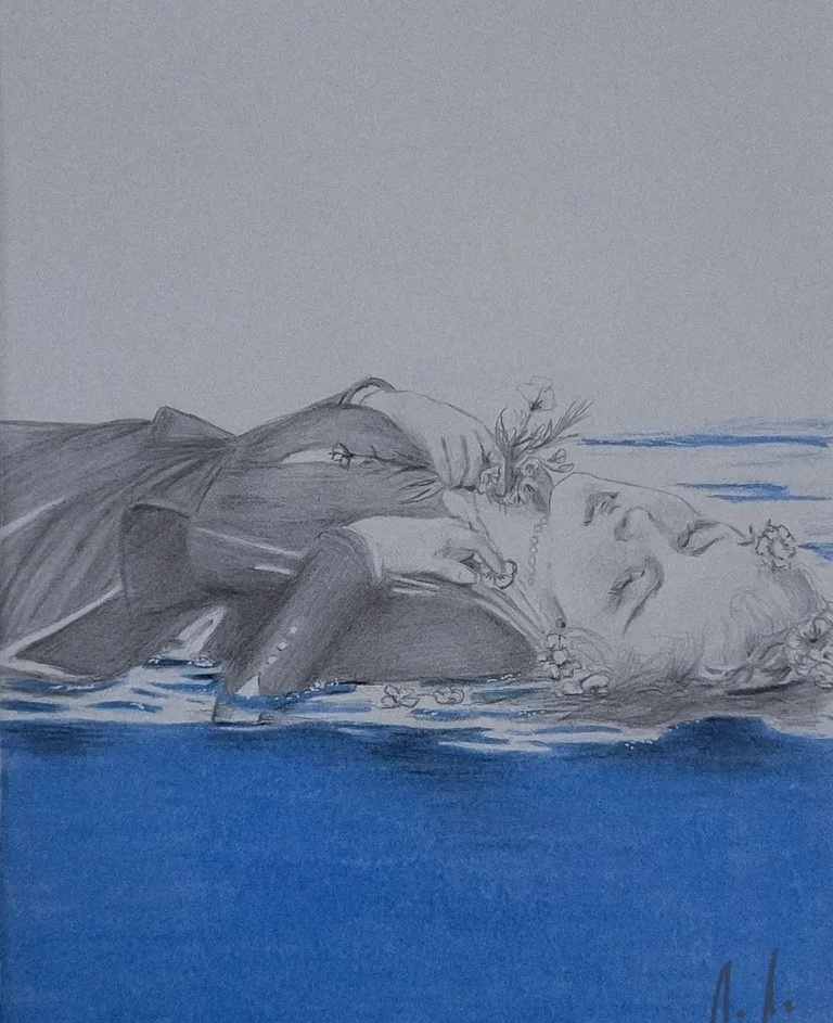 A photo of Maddie's art: a graphite and ink drawing of a woman laying in water.