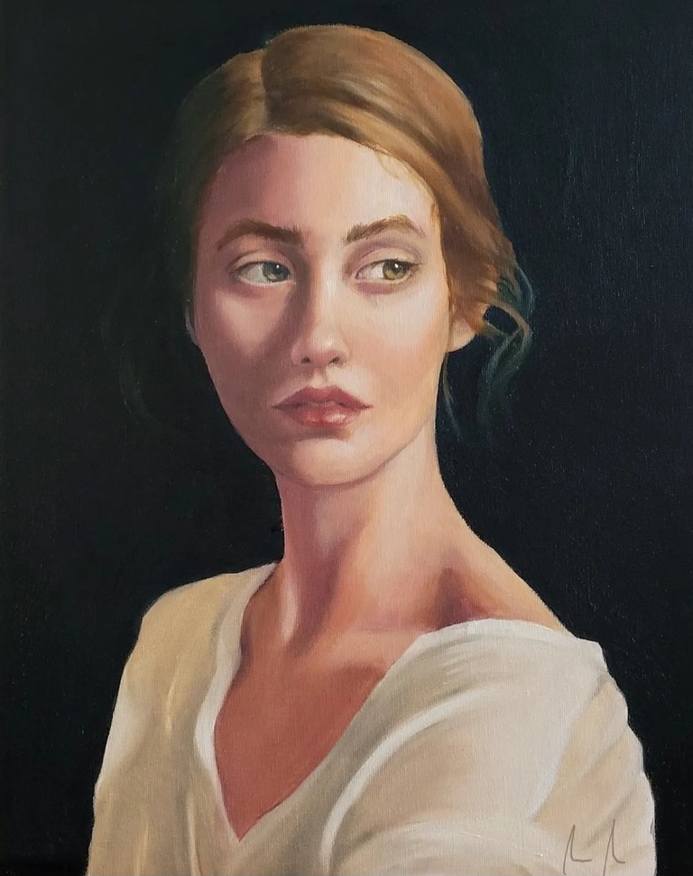 A photo of Maddie's art: an oil painting portrait of a woman.