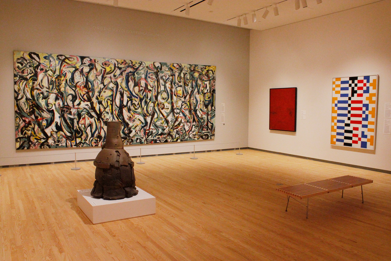 An installation shot of the galleries: visible are works by Jackson Pollock, Yayoi Kusama, Leon Polk Smith, and Peter Voulkos. 