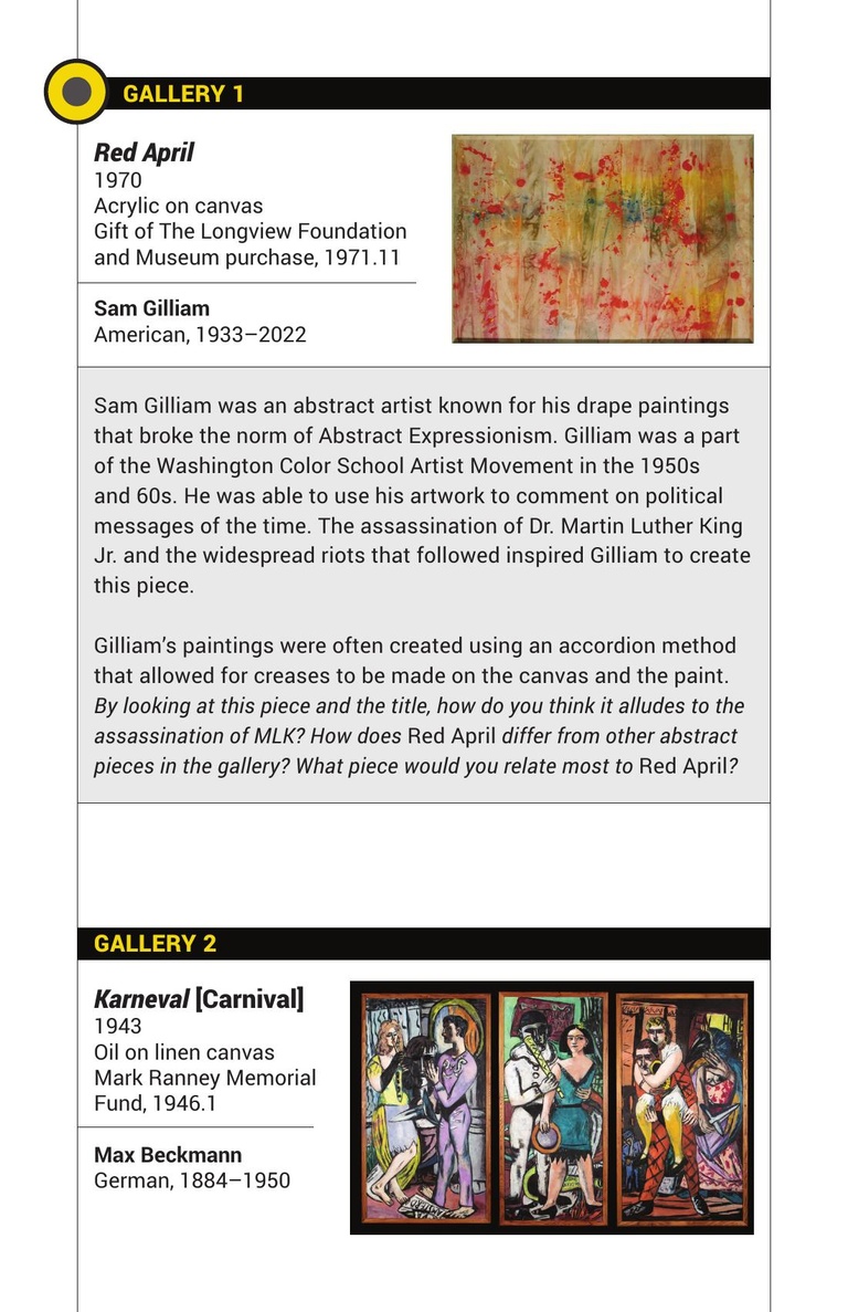 on the first page of content when you fully expand the self guided tour, you can see the piece Red April by Sam Gilliam and a short description about the piece to make the guests interact with the art in a new way. Below that, is Karneval by Max Beckmann  