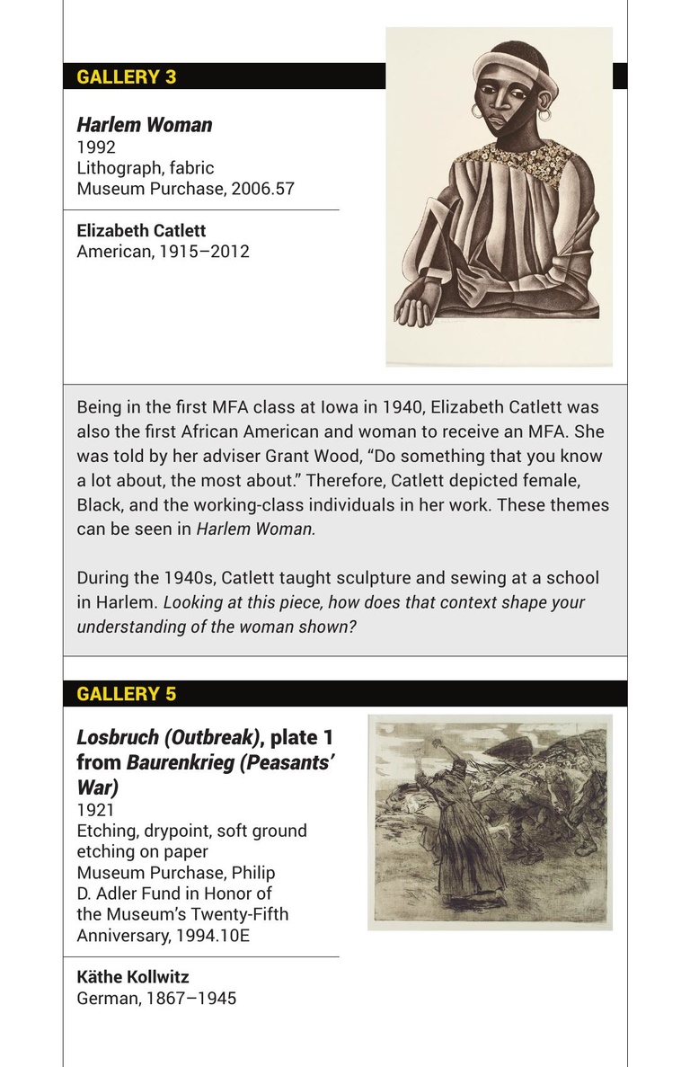 At the top of the page is an image of Harlem Woman by Elizabeth Catlett and two paragraphs about the piece. At the bottom of the page is Losbruch (outbreak), plate 1 from Baurenkrieg (peasants war) by Kathe Kollwiz 