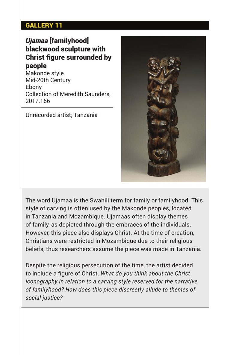 on this page is a single piece displayed, Ujamaa [familyhood]blackwood sculpture surrounded by people. Below the image are to paragraphs to engage piece 