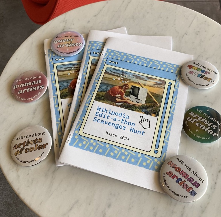 scavenger hunt with blue and yellow details, surrounding the pamphlet are six buttons with different phrases. 