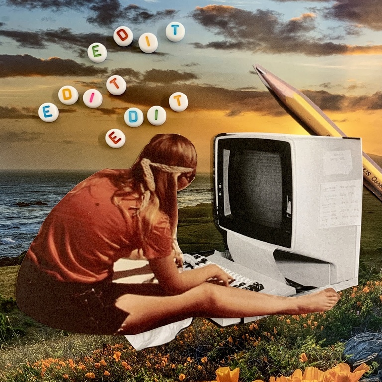 featured is a female presenting individual sitting in front of an older desktop computer. They are sitting in a field of flowers with the ocean behind. There is also a yellow pencil behind the computer and little white beads spelling out edit 