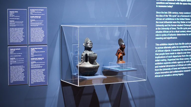 Image of a display case with African art on display on a purple walls and 