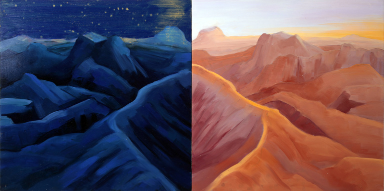 A symmetrical landscape painting on canvas, one half painted in dark blue hues, and the other in warm brown hues.