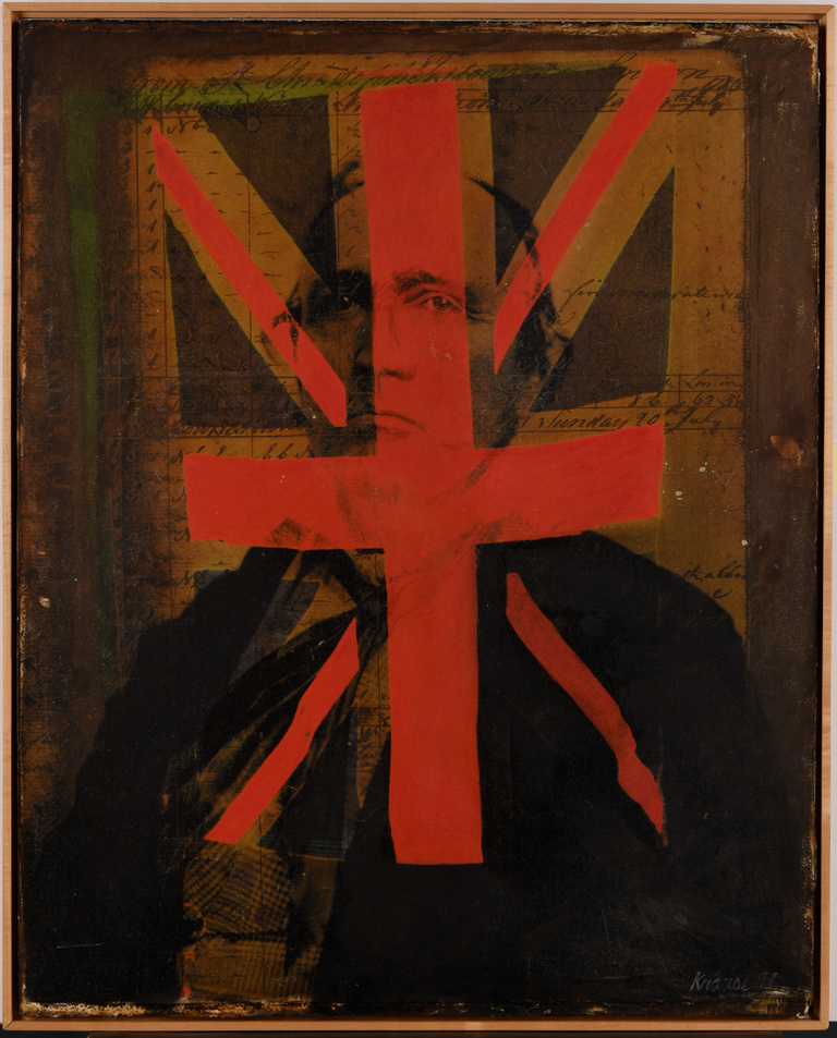 Stately portrait of a man in tones of black and sepia, overlayed with a red plus and cross, similar to a union jack flag