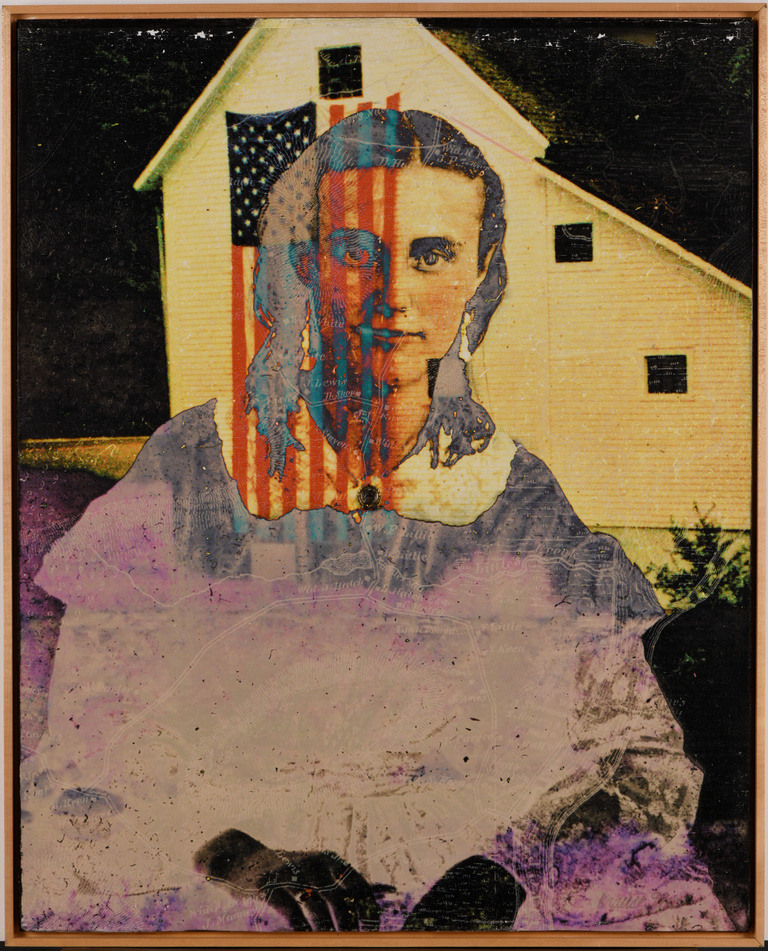 Portrait of a women in a dress with her hands on her lap, overlayed with the translucent image of the US flag, with a home in the bacground.