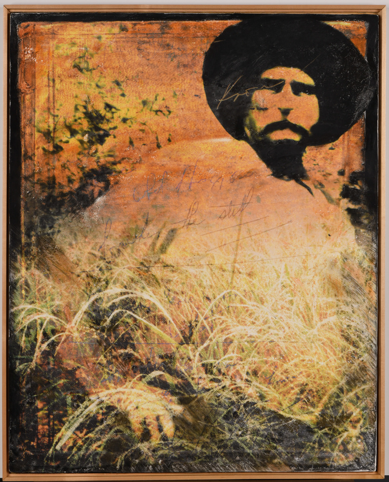 An artistic, cut out image of a man with a hat, overlayed with faded shades of ochre and green and translucent grass.