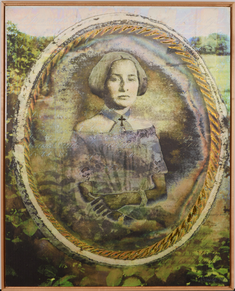 A faded portrait of a women with short hair in a dress, enclosed in a decorative gold oval frame against a backdrop of foliage.