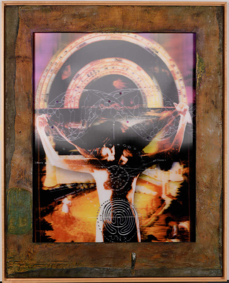 A female figure standing with her arms raised, holding up her hair on either side. Iconography and abstract imagery is overlayed on the image.