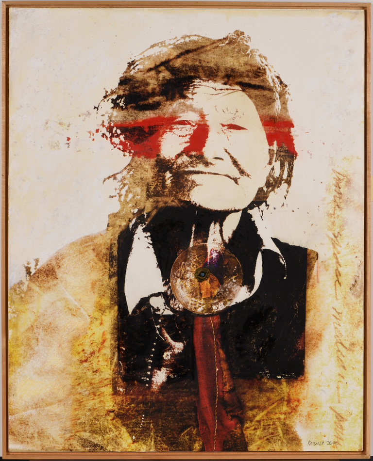 A stylized portrait of an old woman in shades of ochre, black and red