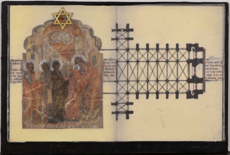 A classical painting of a nativity scene with a six-pointed gold star on the top, placed in the left page of a book with newspaper clippings and geometric drawings