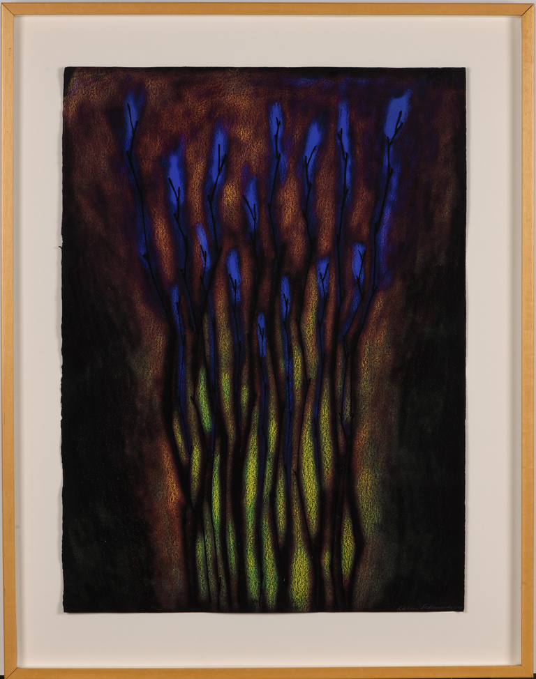 Streaks of blue branches flowing upwards like a flame against a dark background of green, browns, and black.