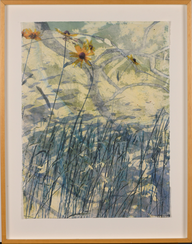 Wispy reeds, grass, and sunflowers, overlayed with abstract imagery in pastel hues of greens 