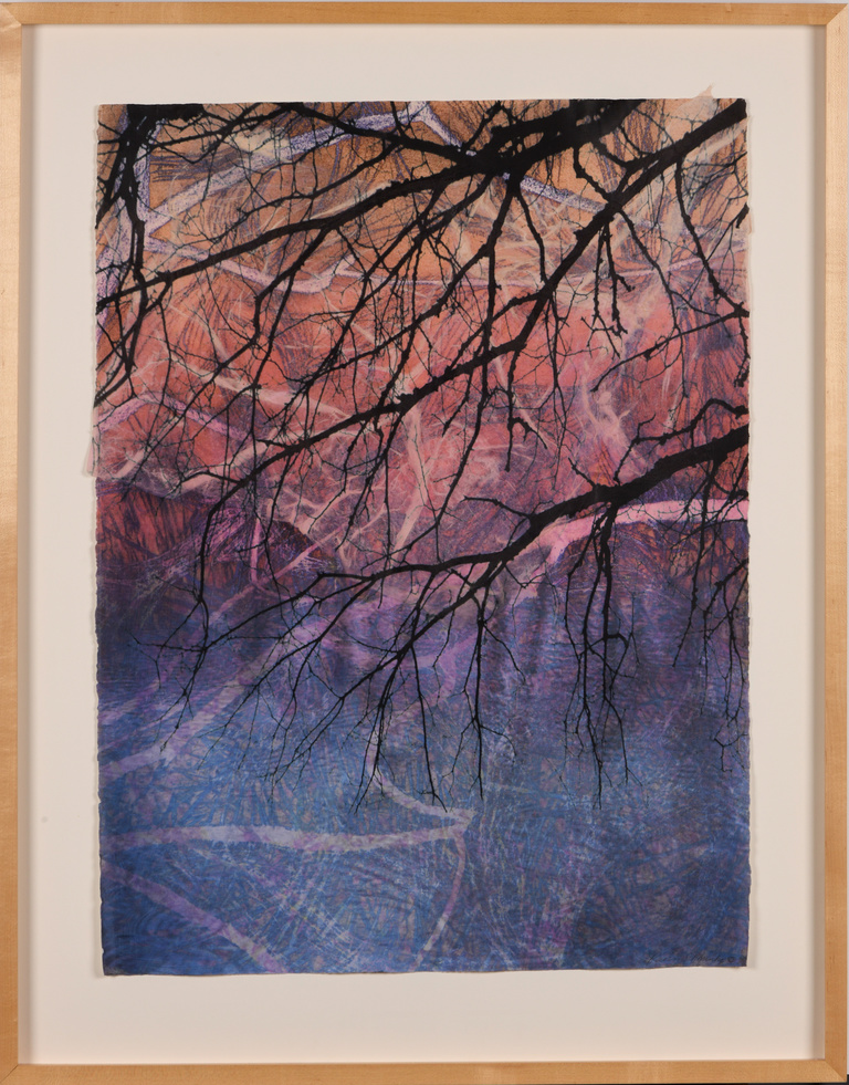 Silhouette of branches overlayed on a background of white textured strokes and a gradient of warm to cool colors.