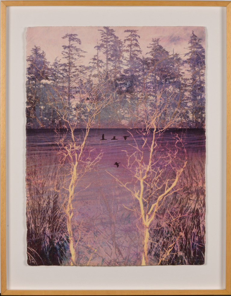 Vibrant yellow branches overlayed on a serene landscape of water and trees in hues of purple