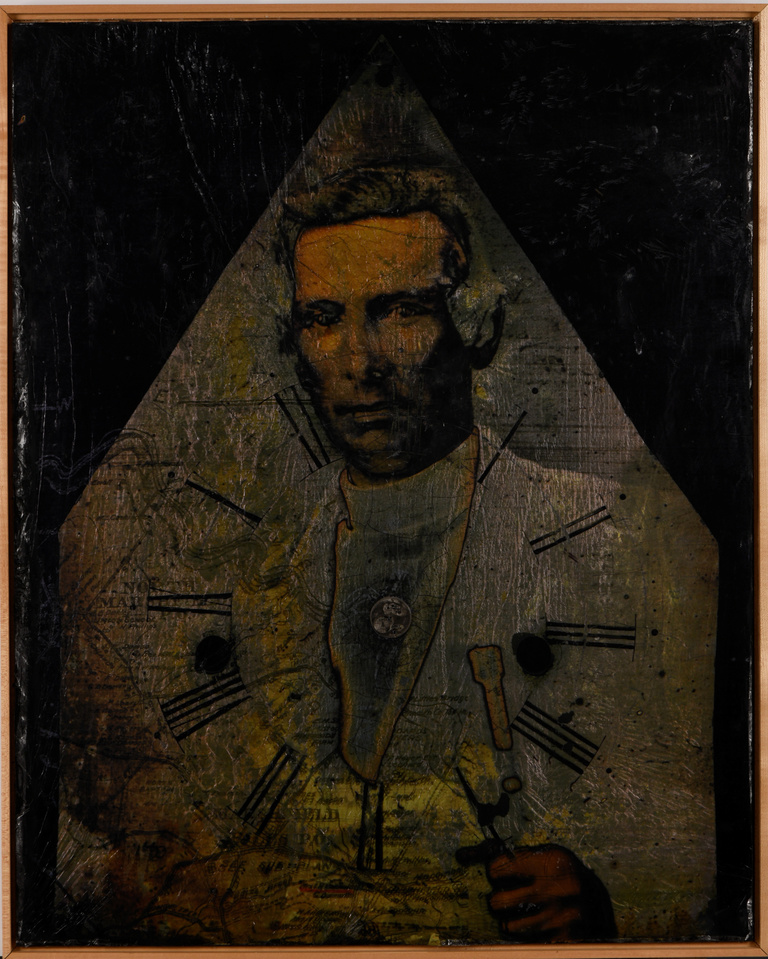 Portrait of a man with white hair in a suit, overlayed with abstract imagery of roman numerals if a clock, framed in a triangular border