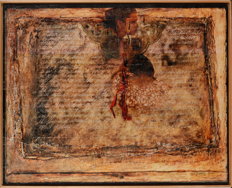 Stained pages overlayed with white scripture and a profile of a woman towards the center of the pages with a gold embellishment and red string, like a bookmark.