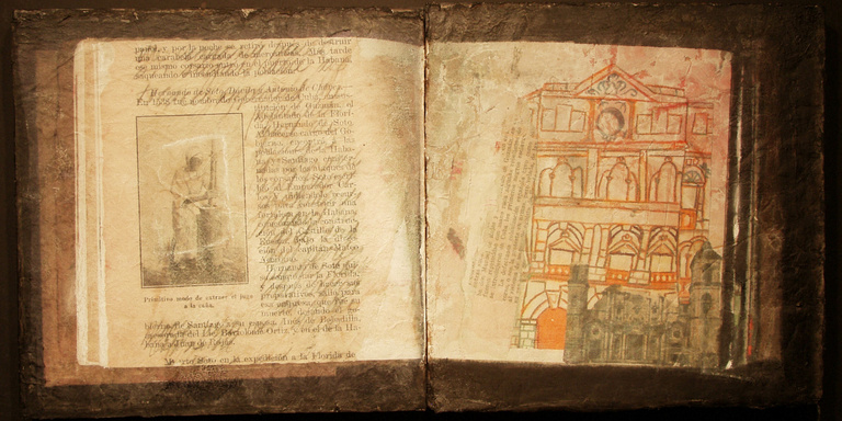 Open book with illegible, printed text on it overlayed with drawings