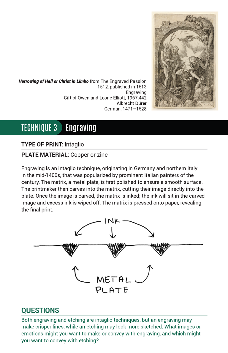 Page six of the printmaking tour, featuring the engraving technique. 