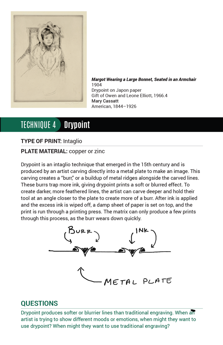 Page seven of the printmaking tour, featuring the drypoint technique. 