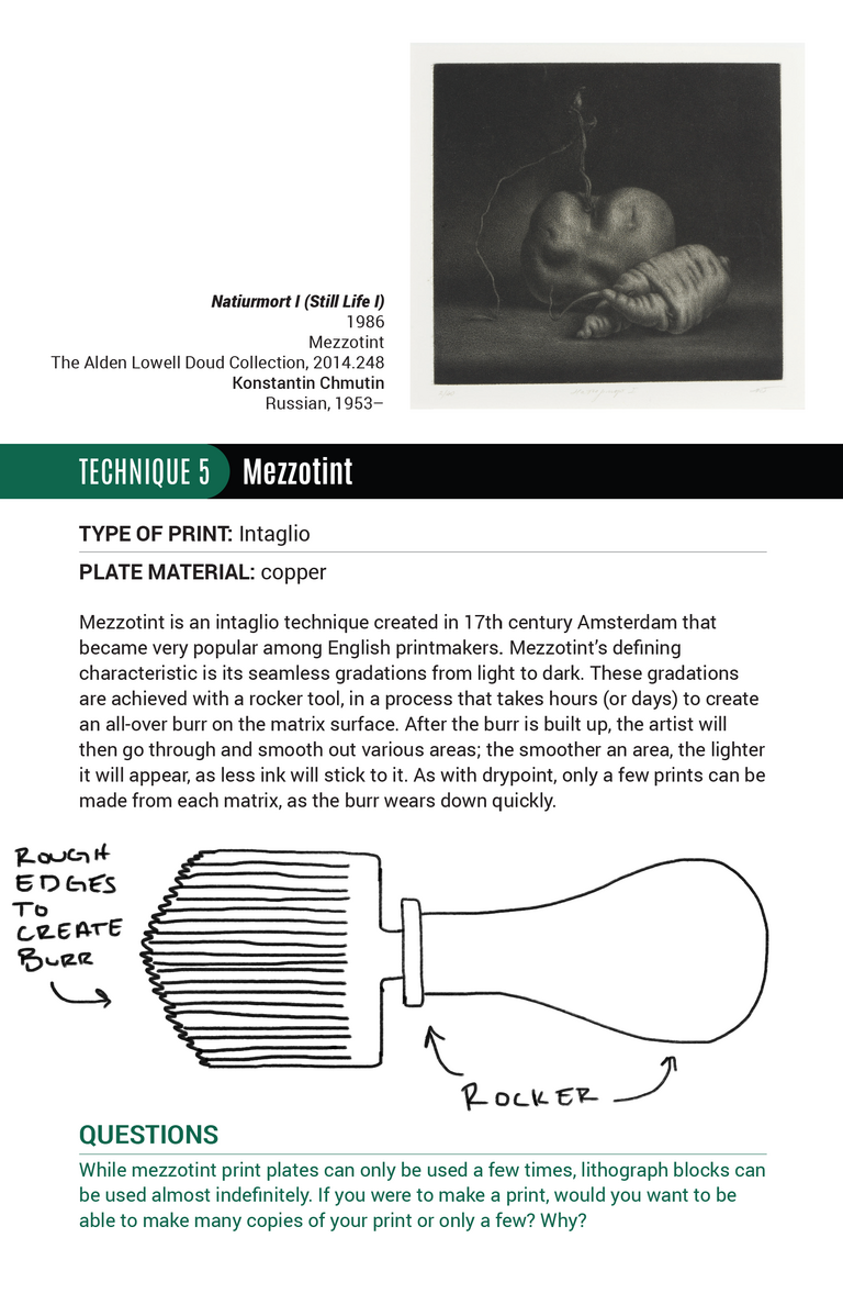 Page eight of the printmaking tour, featuring the mezzotint technique. 