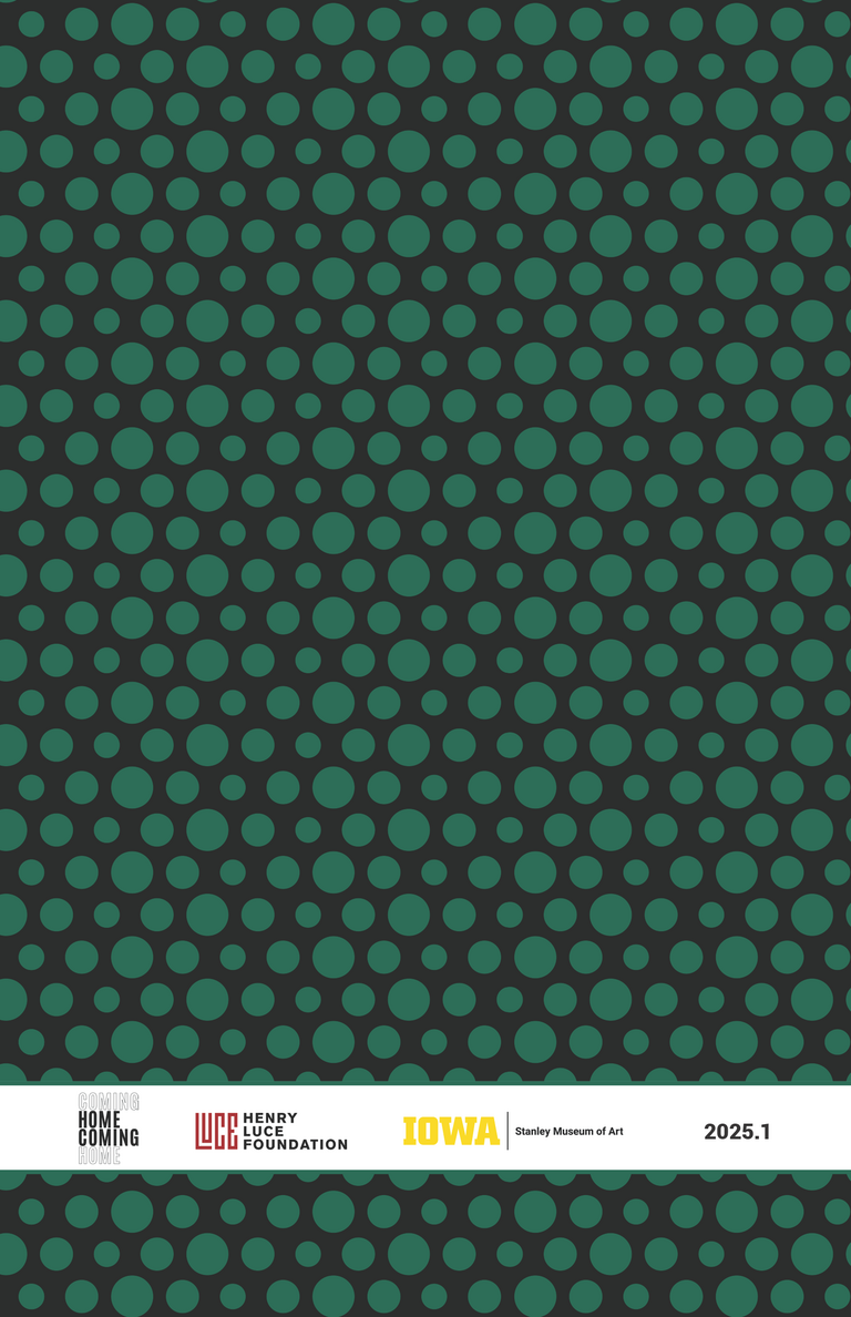 The back cover of the printmaking tour, with green and black polkadots.