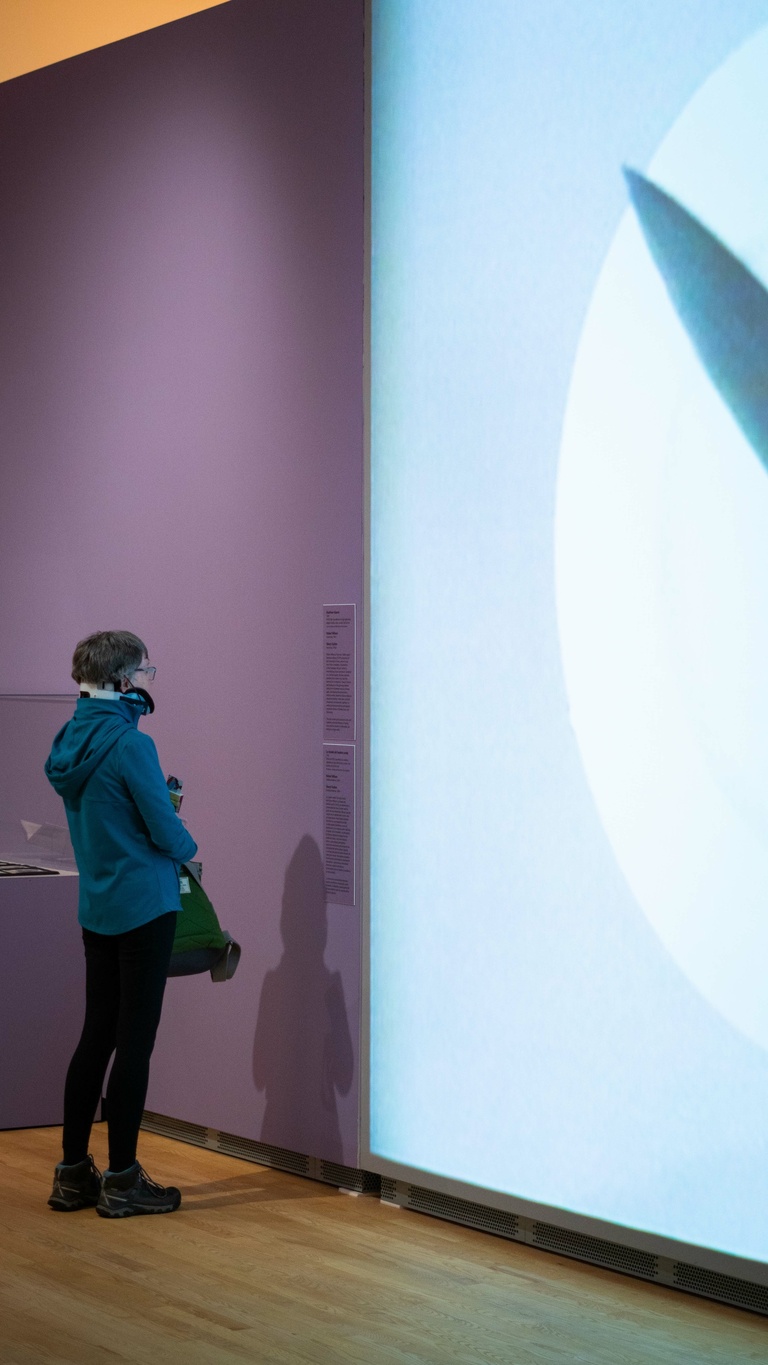 A person in a blue jacket views a video projection playing on the wall of an art museum