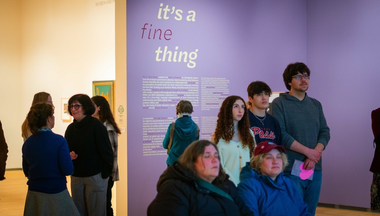 A group of visitors standing in a gallery with purple walls, intently viewing an artwork. The text on a wall in the background reads "it's a fine thing"