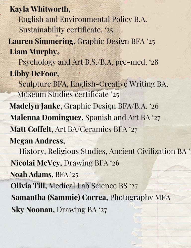 A list of artist names and majors at the end of the Student Exhibit pamphlet.