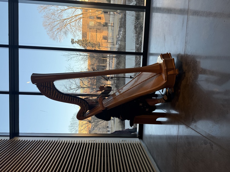 Melanie plays the harp in front of the windows