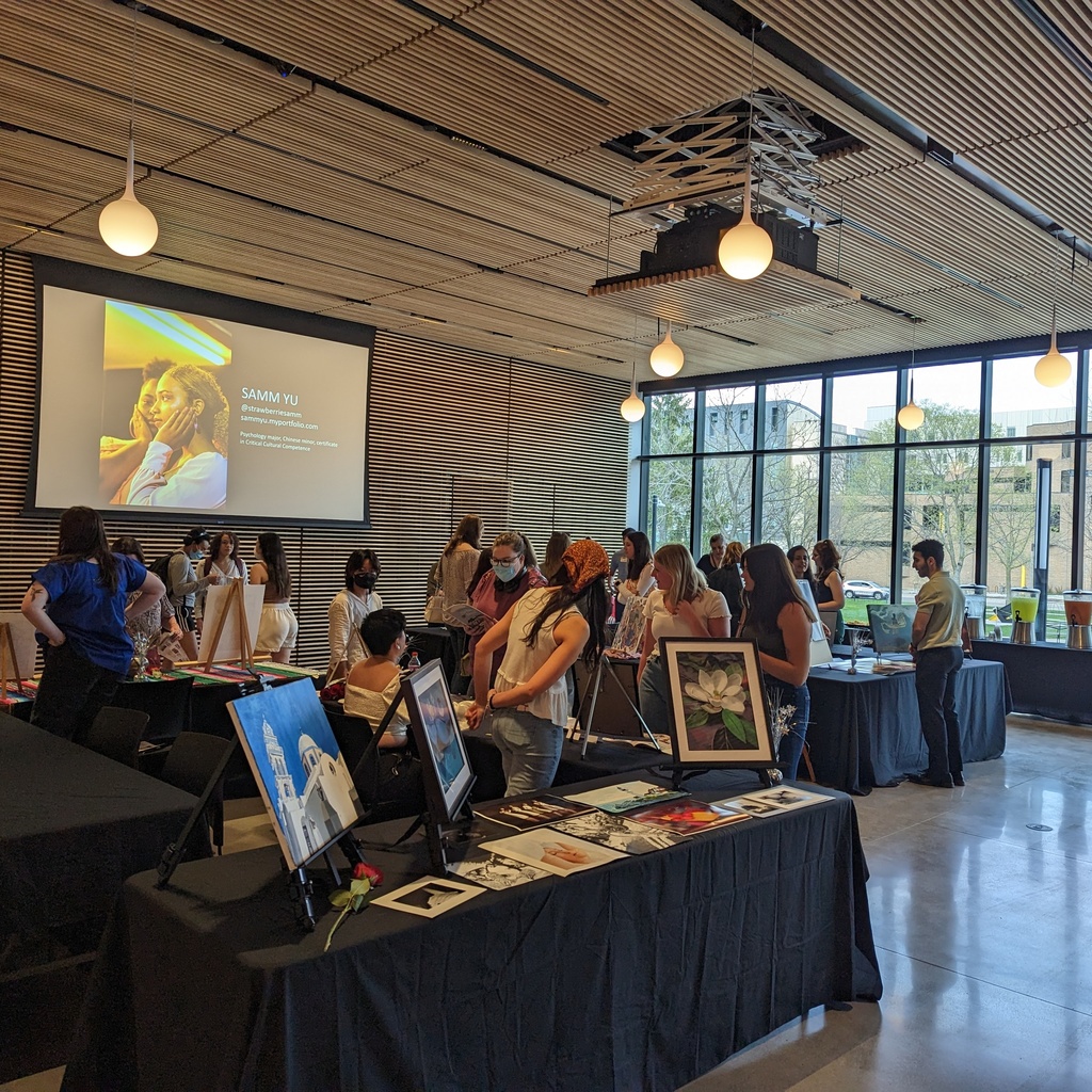 A photo of attendees at the Stanley Campus Council April 13 event, On Display: A Student Art Showcase.
