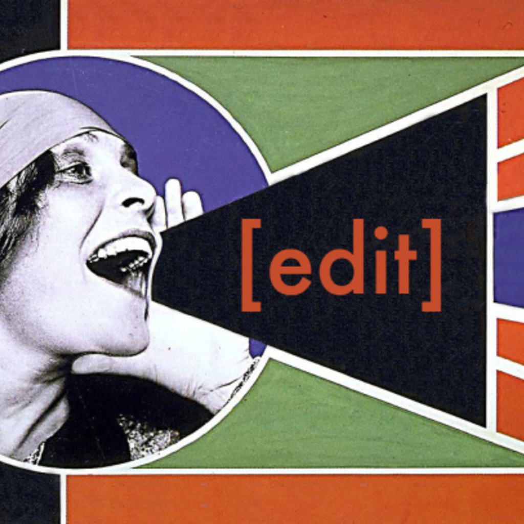 women with her mouth open appearing to shut out "edit" she is surrounded by green, orange, purple, and black stripes