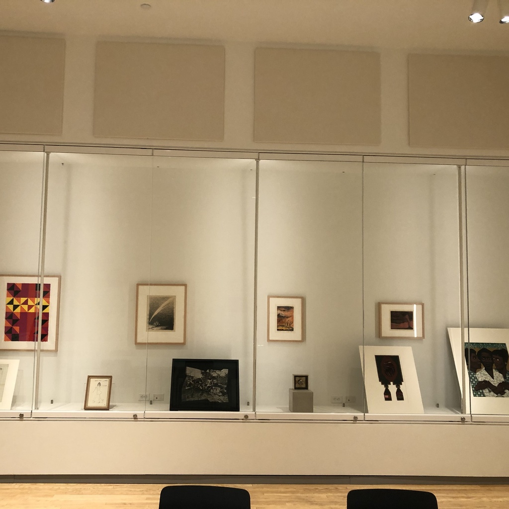 A photo of the Stanley's Visual Classroom, a room full of glass storage cabinets that hold art.