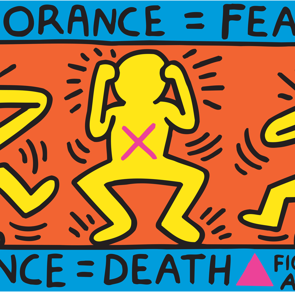 Print of three figures with the text " Ignorance = Fear, Silence = Death, Fight AIDS Act Up"