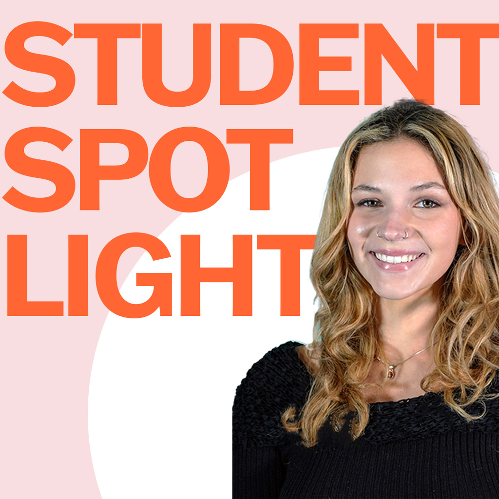 A photo of Sarena, smiling, with orange-red text overlaid on top that says "Student Spotlight."