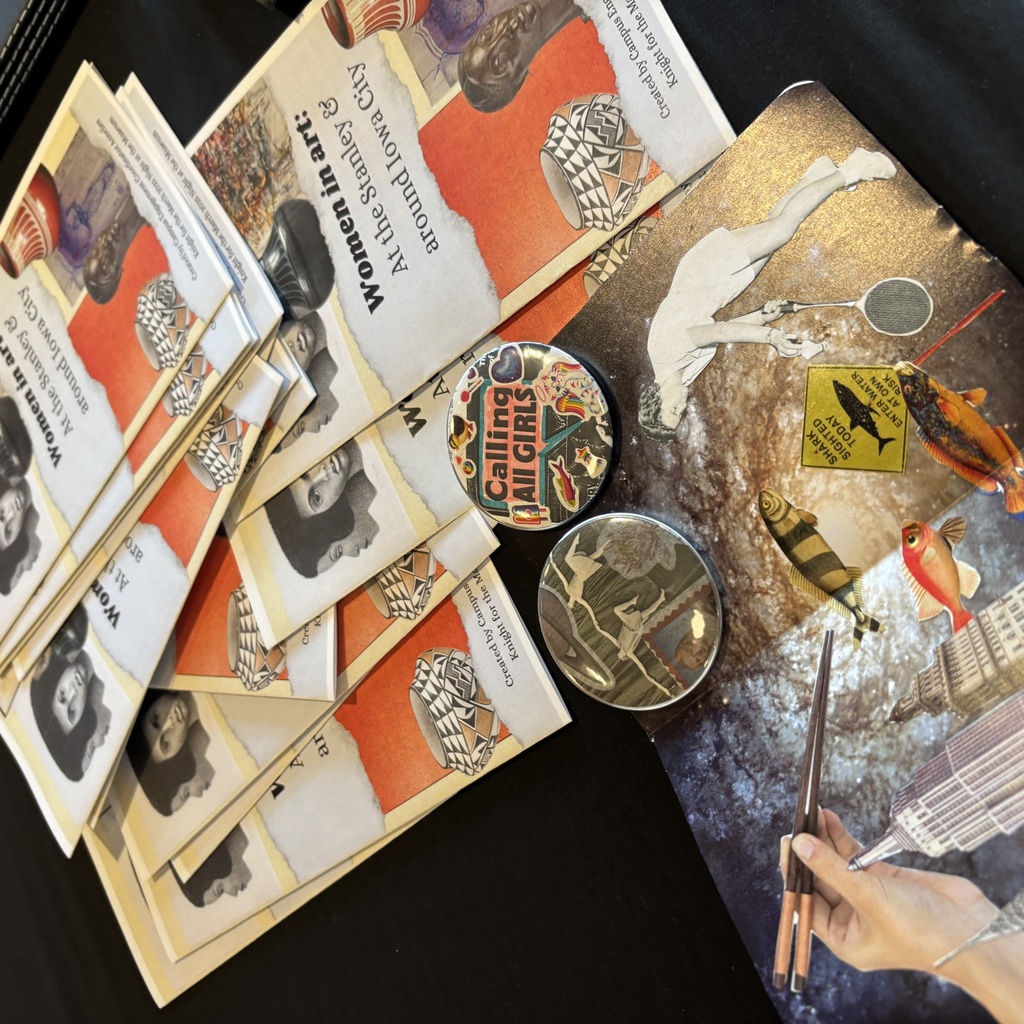 Example collages, buttons, and pamphlets about women in art