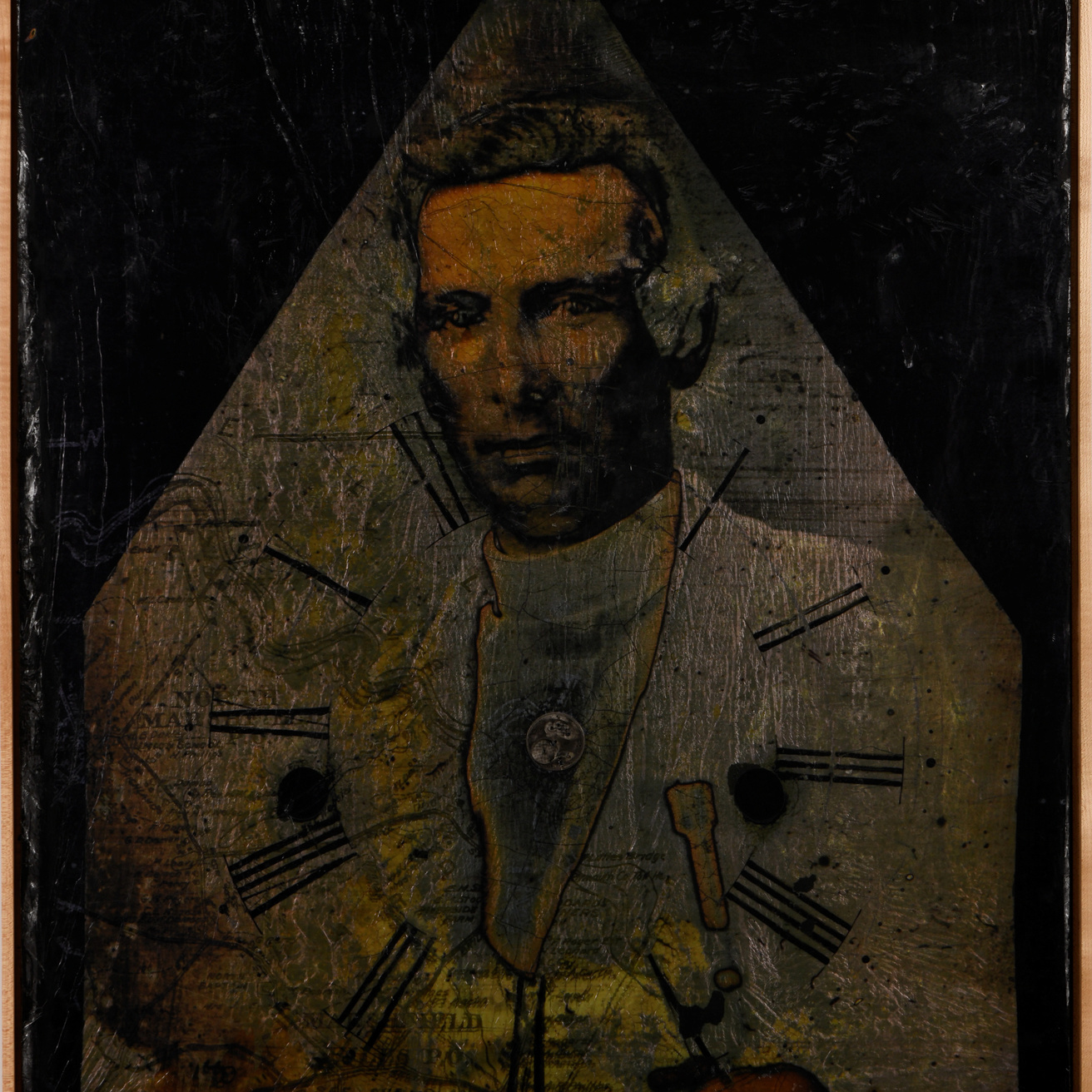 Portrait of a man with white hair in a suit, overlayed with abstract imagery of roman numerals if a clock, framed in a triangular border