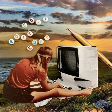 A collaged promotional image for the edit-a-thon. A woman sits at a computer in a flower field, the word "edit" hovering over her head three times, made of bead letters.