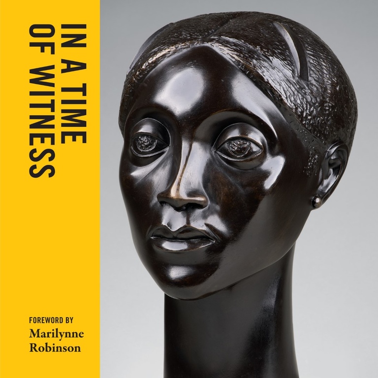 Image of the front cover of "In a Time of Witness." It features a detail shot of Elizabeth Catlett's "Glory," with a yellow sidebar that features the book's title.
