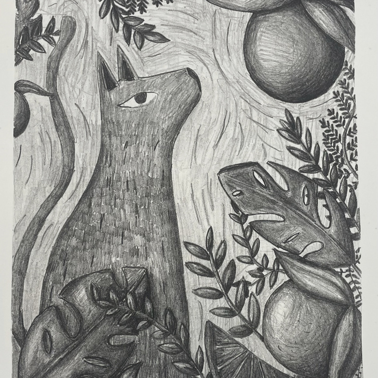 Erin's art: a black and grey image of a small creature surrounded by nature motifs.