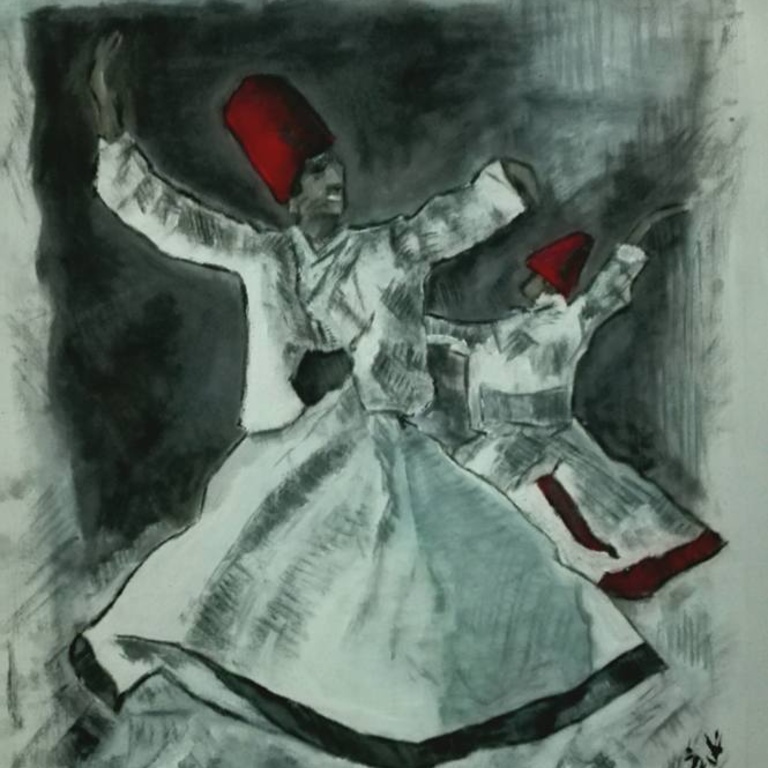 GulRukh's art: a sketchy drawing of someone in a white outfit, dancing.