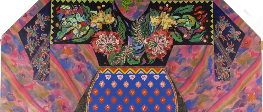 A black dress with bright floral patterns made of paint and fabric with a blue apron, all against a pink background