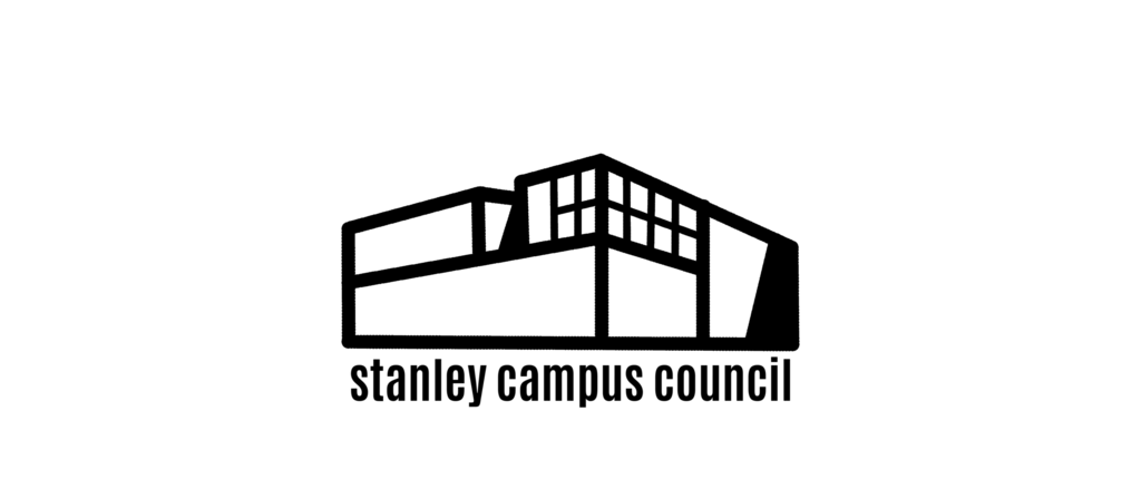 Stanley Campus Council Logo. A black line-art drawing interpretation of the Stanley Museum of Art Building. Below this drawing is an all-lowercase, tightly kerned text that reads "Stanley Campus Council."