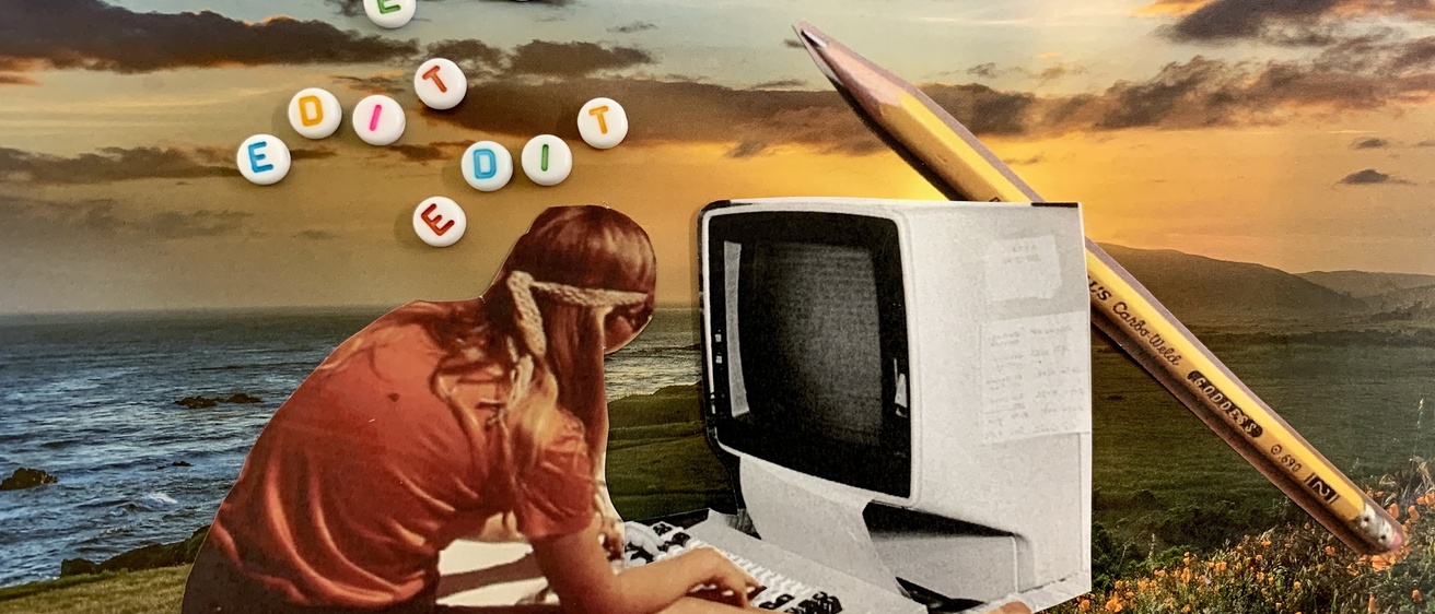 A collaged promotional image for the edit-a-thon. A woman sits at a computer in a flower field, the word "edit" hovering over her head three times, made of bead letters.