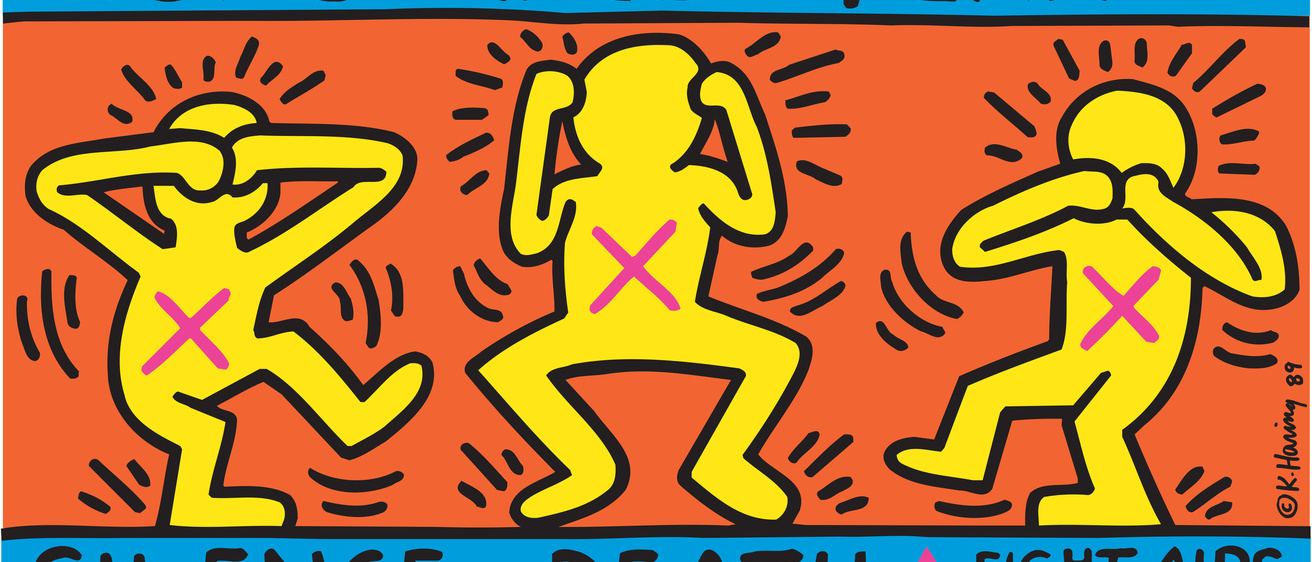 Print of three figures with the text " Ignorance = Fear, Silence = Death, Fight AIDS Act Up"