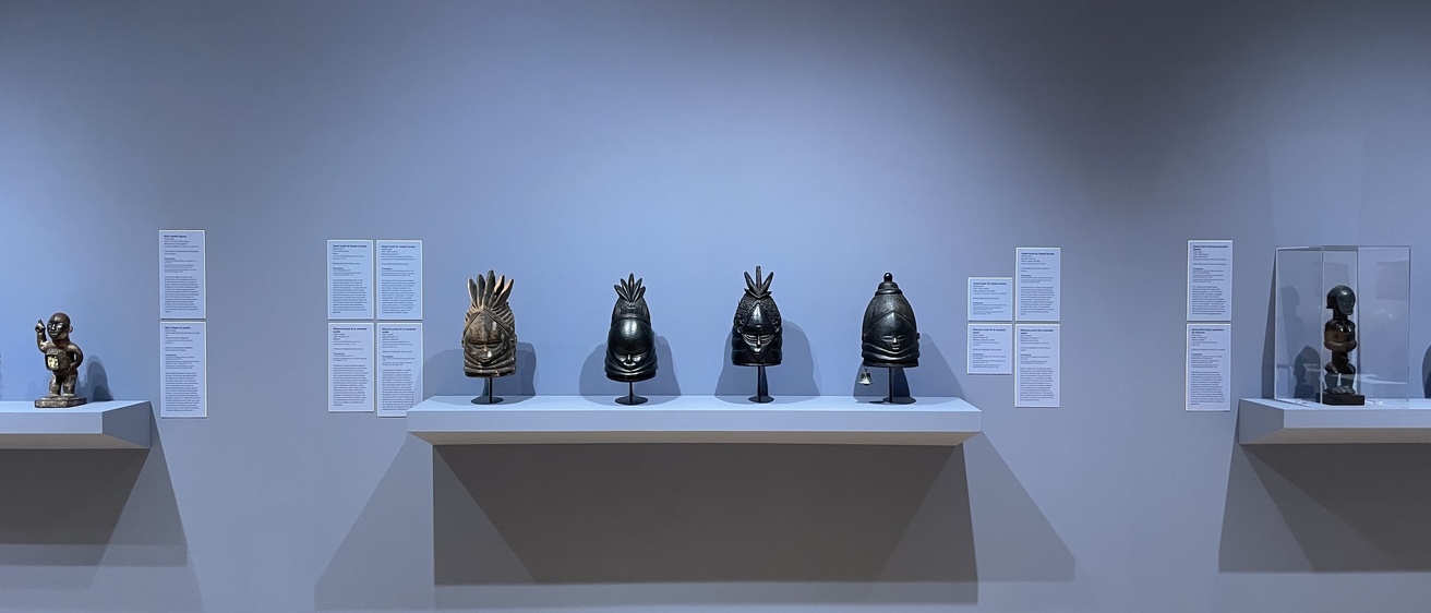 Masks on display in a gallery