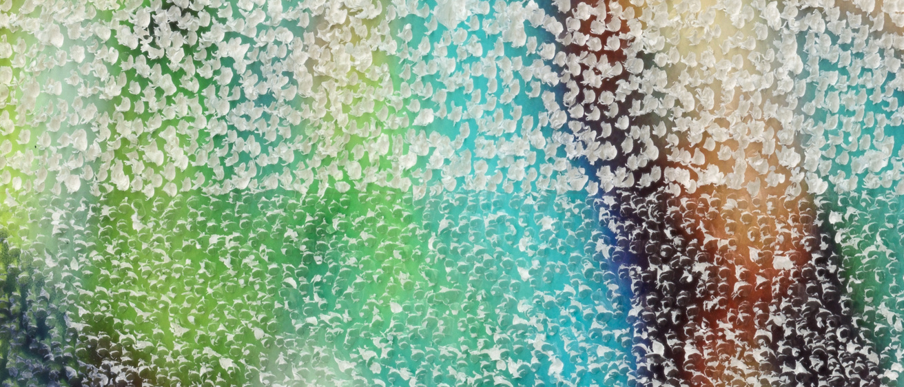 Abstract image with a textured overlay. Blurred colors of blue, green, orange, and black are beneath a mottled white pattern.